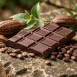 Chocolat sans huile de palme : décrypter l’étiquette Tableau de chocolat noir accompagné de cabosses, de fèves de cacao et de végétaux évoquant une fabrication responsable sans huile de palme.