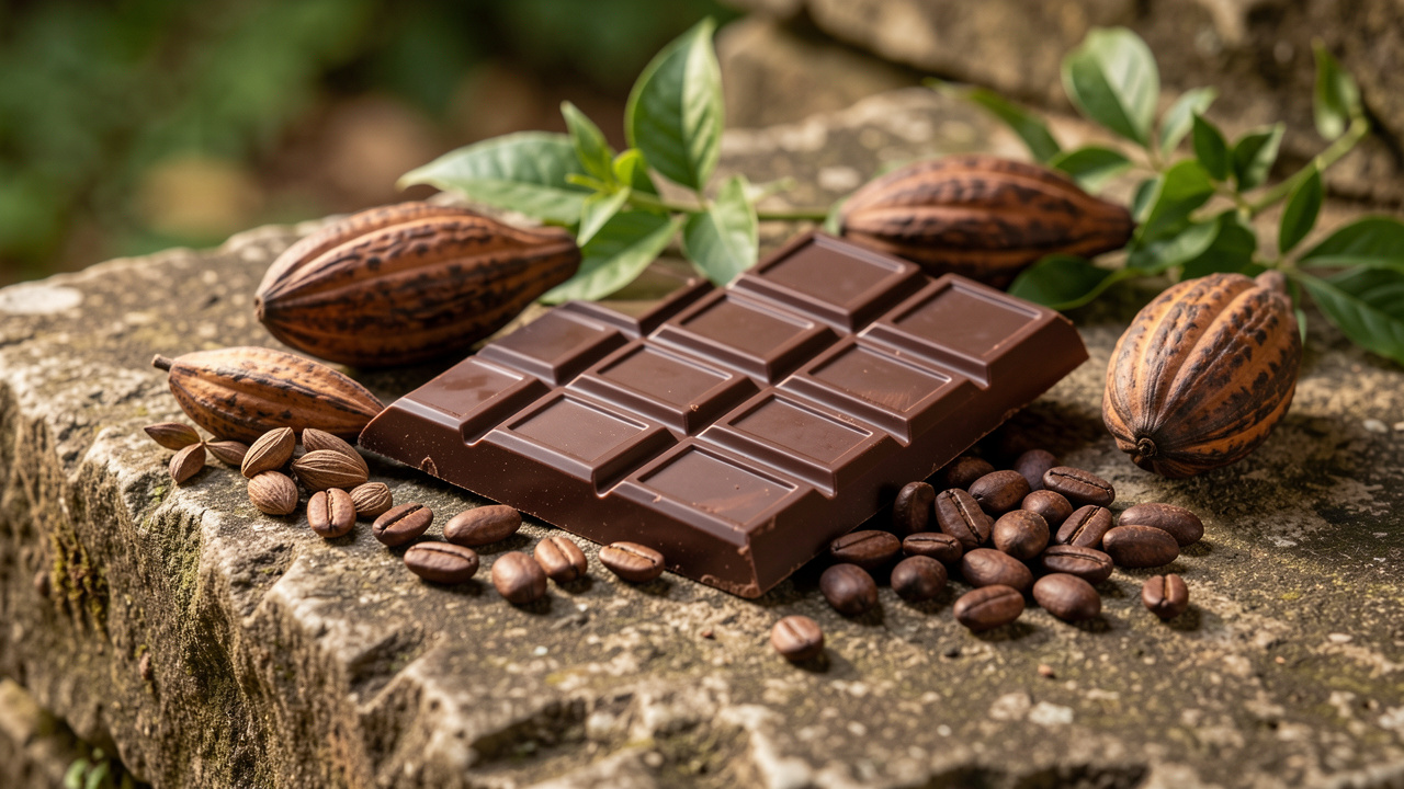 Tableau de chocolat noir accompagné de cabosses, de fèves de cacao et de végétaux évoquant une fabrication responsable sans huile de palme.
