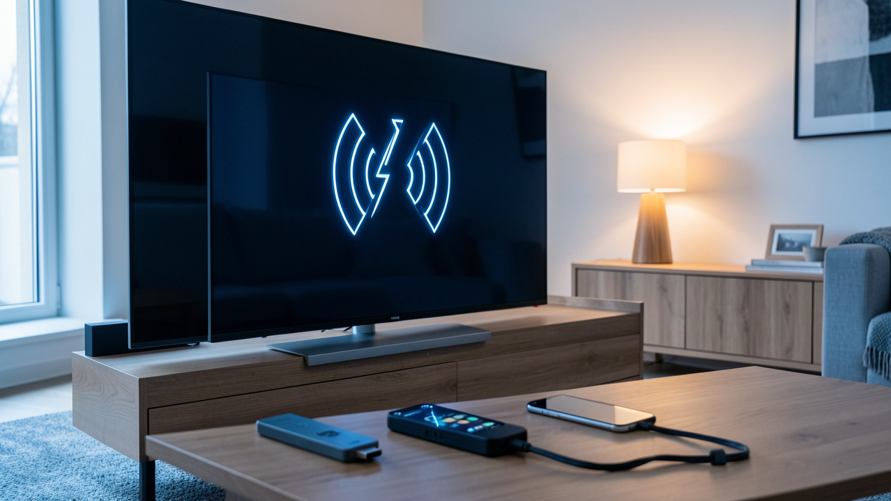 Téléviseur connecté et smartphone dans un salon moderne, illustrant un échec de connexion sans fil avec une clé de streaming et un câble HDMI comme alternatives.