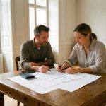 Baisse des prix immobiliers : quels biens acheter en France ? Un homme et une femme consultent des plans immobiliers vierges avec une calculatrice sur une table, dans un appartement ancien français lumineux.