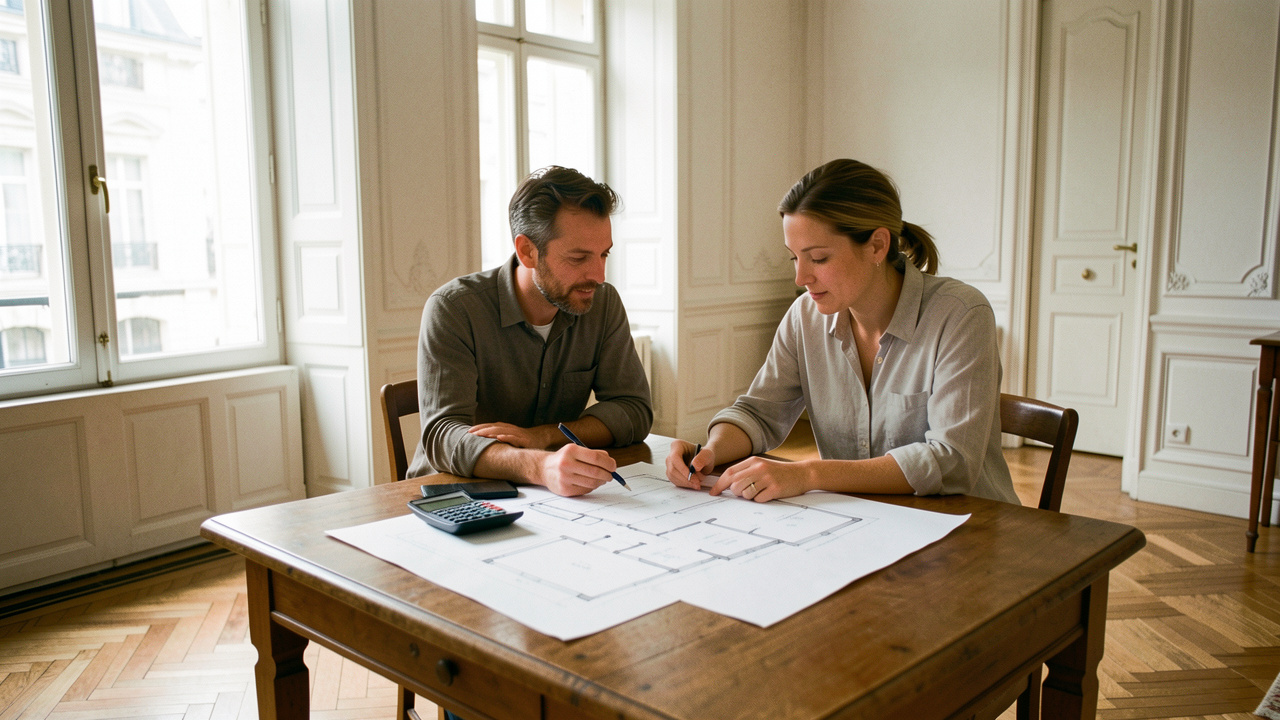 Un homme et une femme consultent des plans immobiliers vierges avec une calculatrice sur une table, dans un appartement ancien français lumineux.