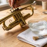 Vinaigre blanc : faut-il l’utiliser pour nettoyer une trompette ? Trompette en laiton nettoyée avec un chiffon, une brosse et un petit bol de vinaigre blanc sur un établi en bois.