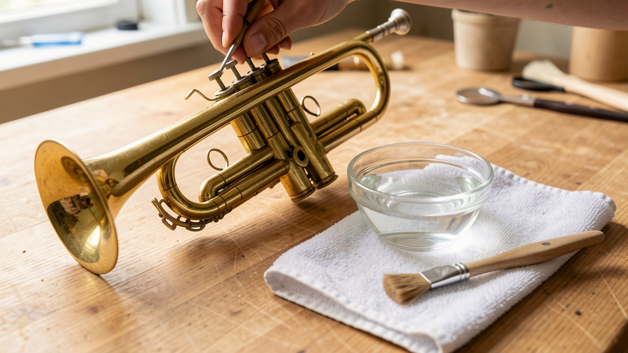 Trompette en laiton nettoyée avec un chiffon, une brosse et un petit bol de vinaigre blanc sur un établi en bois.