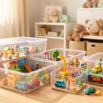 Ranger les Playmobil sans casser les univers de jeu Figurines, bâtiments, véhicules et accessoires miniatures soigneusement rangés dans des boîtes transparentes, tandis que plusieurs scènes de jeu restent intactes.