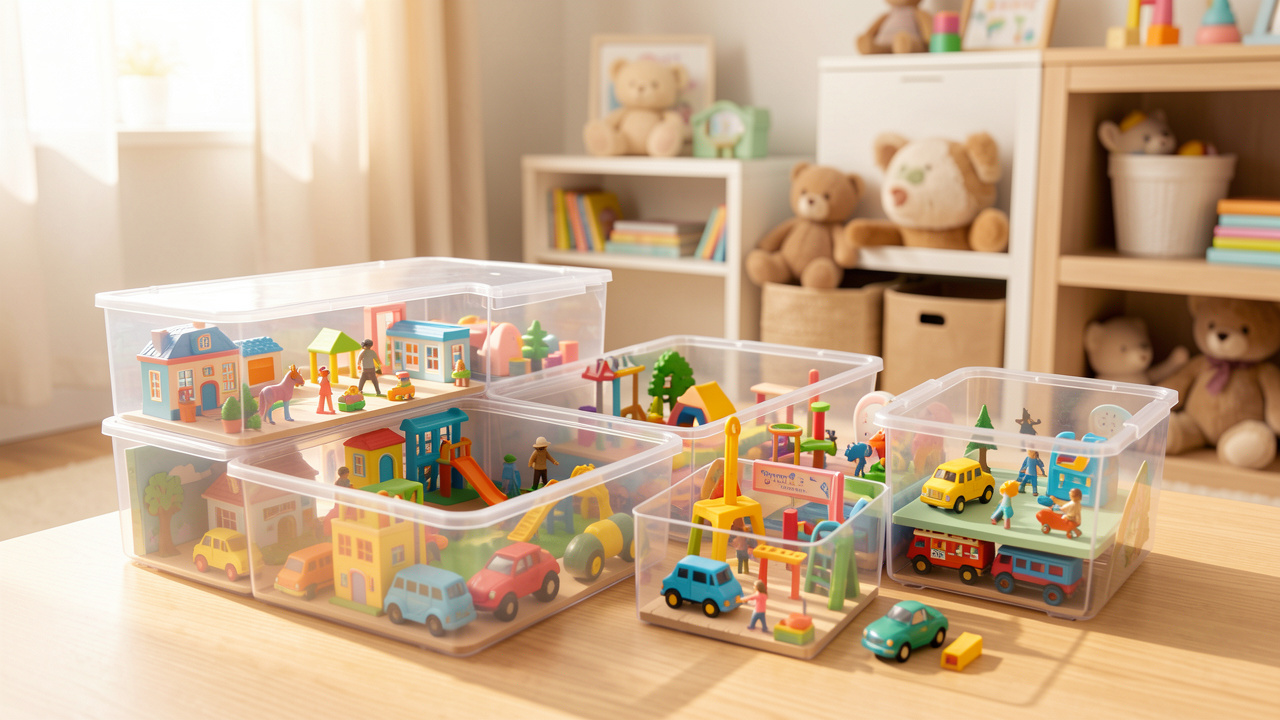 Figurines, bâtiments, véhicules et accessoires miniatures soigneusement rangés dans des boîtes transparentes, tandis que plusieurs scènes de jeu restent intactes.