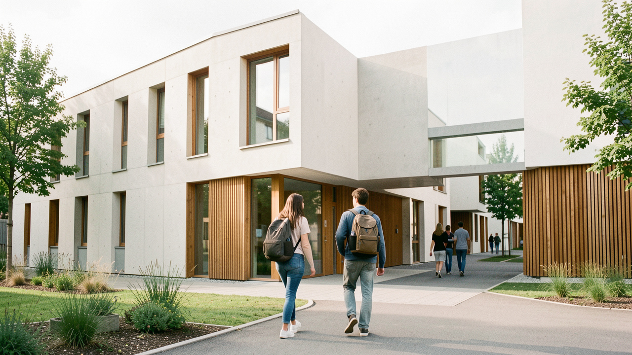 Résidence étudiante contemporaine près d’un campus français, avec une jeune femme et un jeune homme portant des sacs à dos devant une façade sobre, éclairée par la lumière naturelle.
