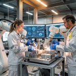 Comment les 28 projets d’IA de France 2030 vont-ils changer l’industrie ? Usine française moderne où une femme et un homme en tenue de sécurité surveillent des bras robotisés et des écrans de contrôle qualité utilisant une intelligence artificielle.