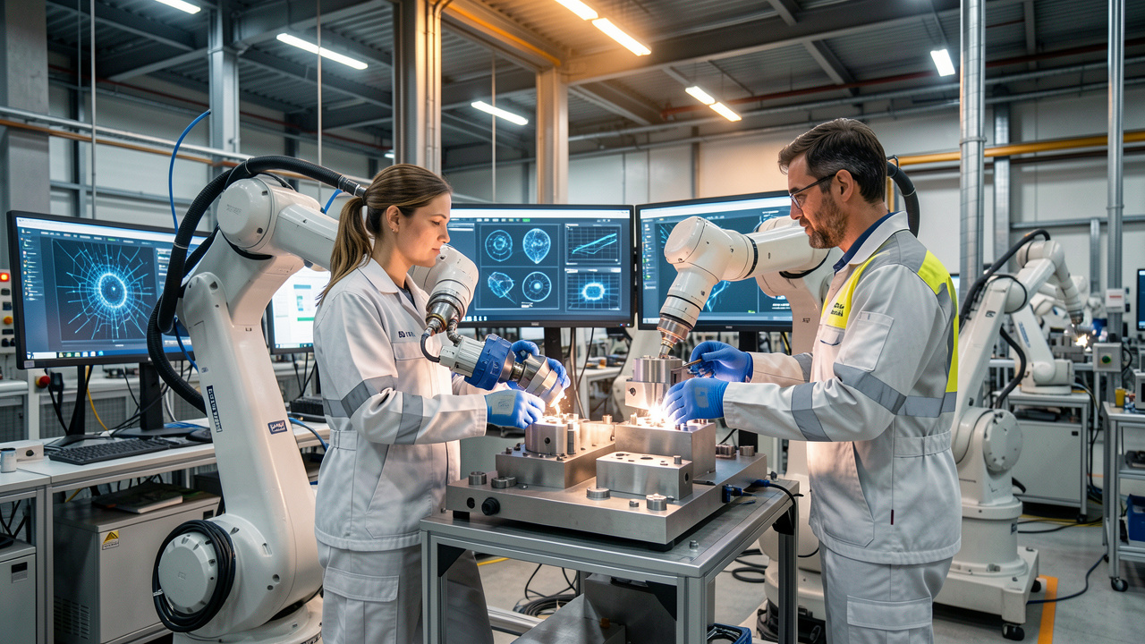 Usine française moderne où une femme et un homme en tenue de sécurité surveillent des bras robotisés et des écrans de contrôle qualité utilisant une intelligence artificielle.
