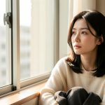 Kim Ji-won : ce que l’on sait réellement de sa vie privée Portrait intimiste d’une actrice coréenne assise près d’une fenêtre lumineuse, dans une atmosphère calme et réfléchie.
