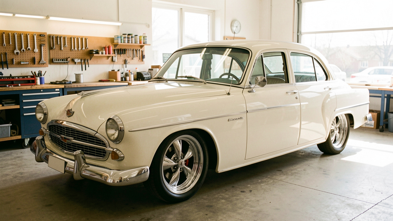 Voiture ancienne propre et brillante dans un garage lumineux, avec des jantes rénovées et une ambiance d’atelier soignée.