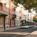 Comment choisir un quartier où acheter dans l’ancien à Toulouse en 2026 ? Vue réaliste d’une rue résidentielle arborée de Toulouse avec des immeubles anciens en briques roses, un tramway et deux passants dans la lumière chaude de fin d’après-midi.