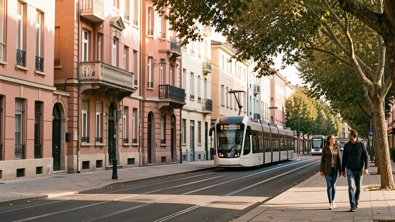 Vue réaliste d’une rue résidentielle arborée de Toulouse avec des immeubles anciens en briques roses, un tramway et deux passants dans la lumière chaude de fin d’après-midi.