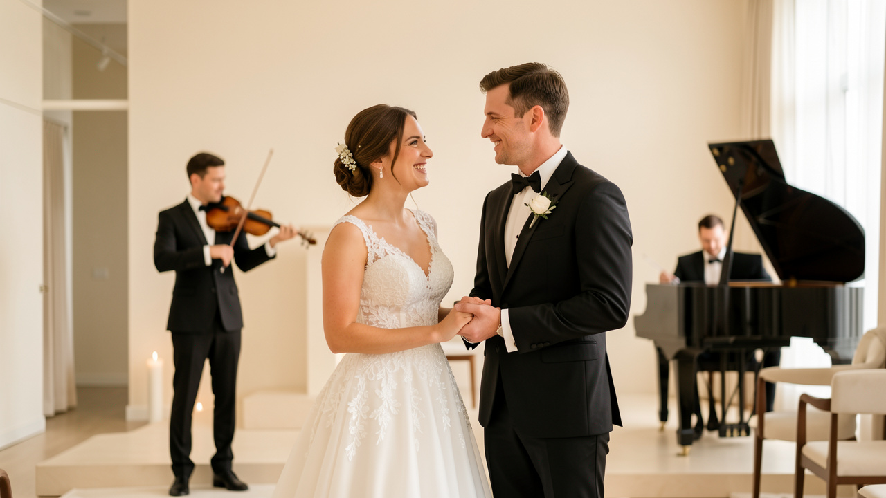 Un couple de mariés souriant pendant une cérémonie laïque, avec un violoniste et un pianiste en arrière-plan dans une lumière douce.