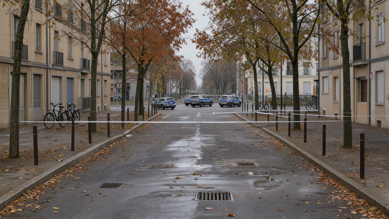 Rue urbaine des Yvelines fermée par un ruban de sécurité, avec des véhicules de police visibles au loin dans une atmosphère calme et sobre.