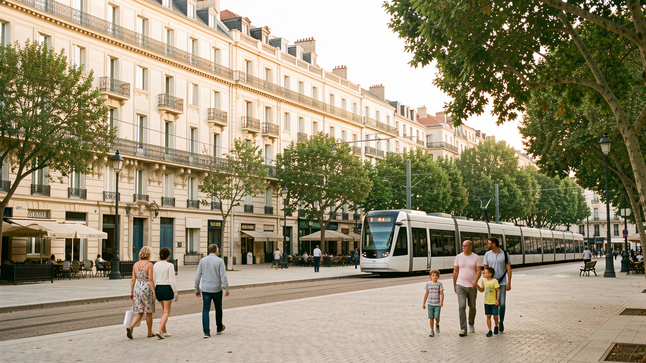 Vue urbaine réaliste de Montpellier avec des immeubles anciens en pierre, un tramway moderne et des familles se promenant dans une place arborée sous une douce lumière méditerranéenne.